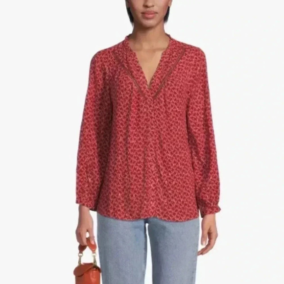 Paige M Like New Doris Red Orange Metallic Fringe Neck Button Down Blouse - Picture 3 of 12